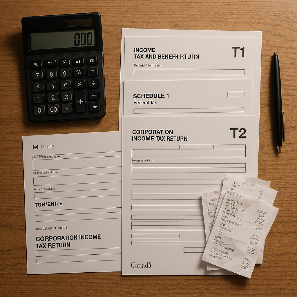 Tax documents and calculator on desk