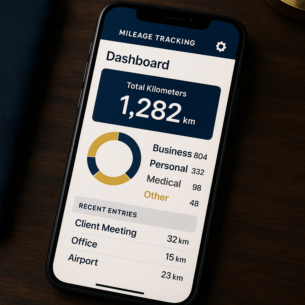 Smartphone showing mileage tracking app dashboard