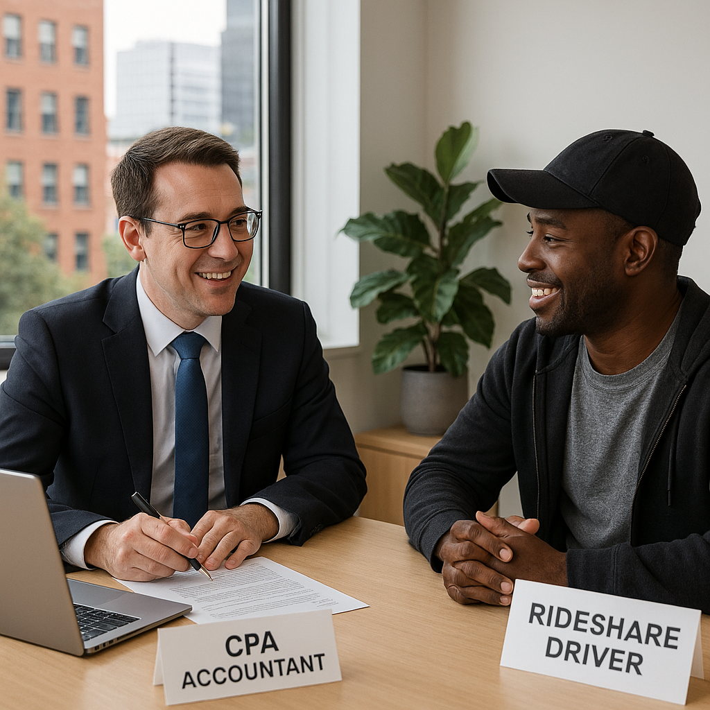 Professional accountant consulting with Uber driver client