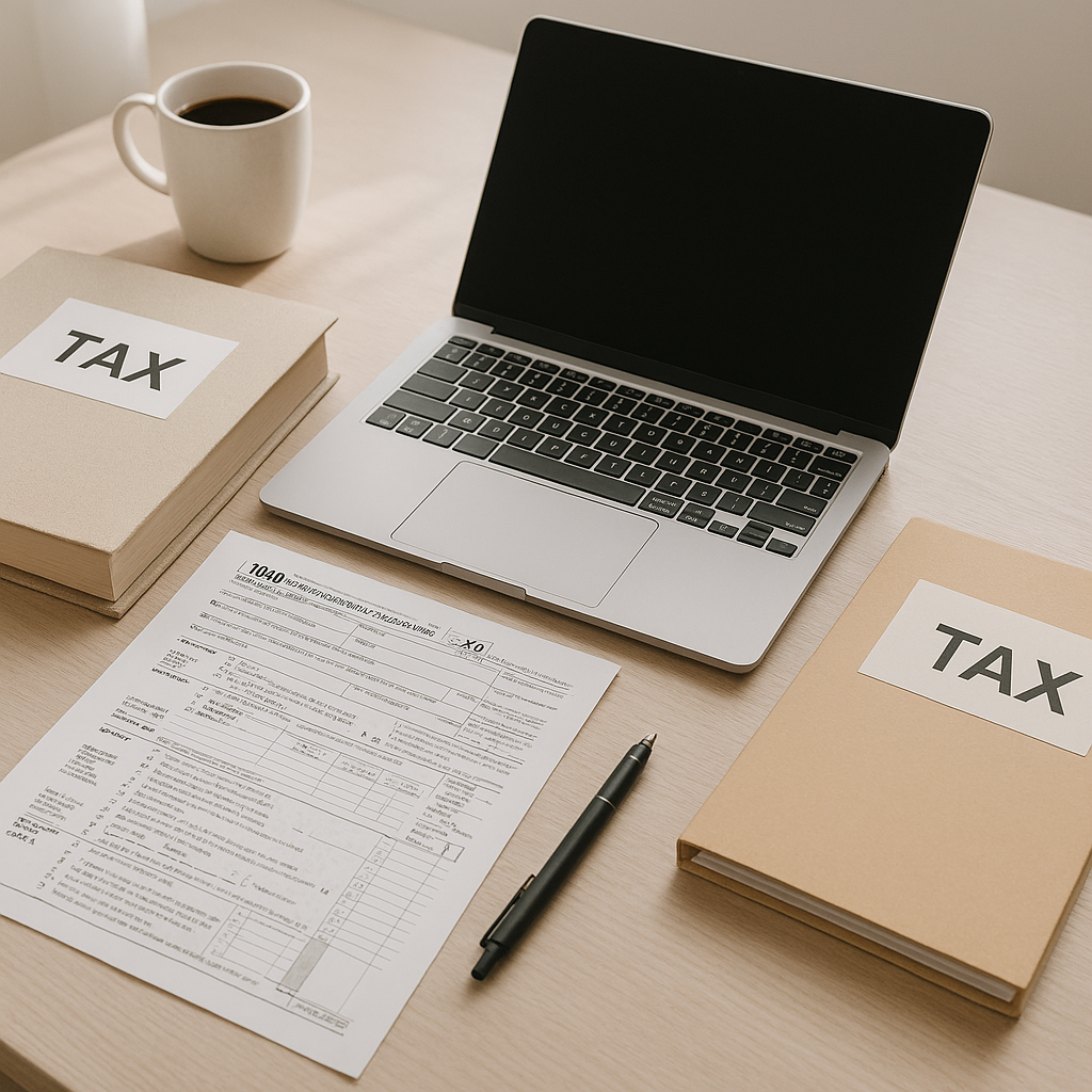 Professional realtor office setup with organized tax documents and laptop