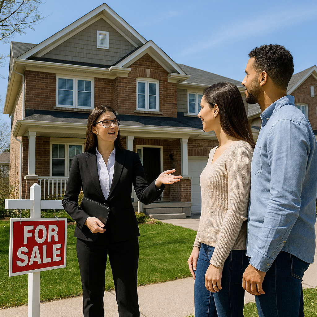 Realtor showing property to clients with for sale sign visible