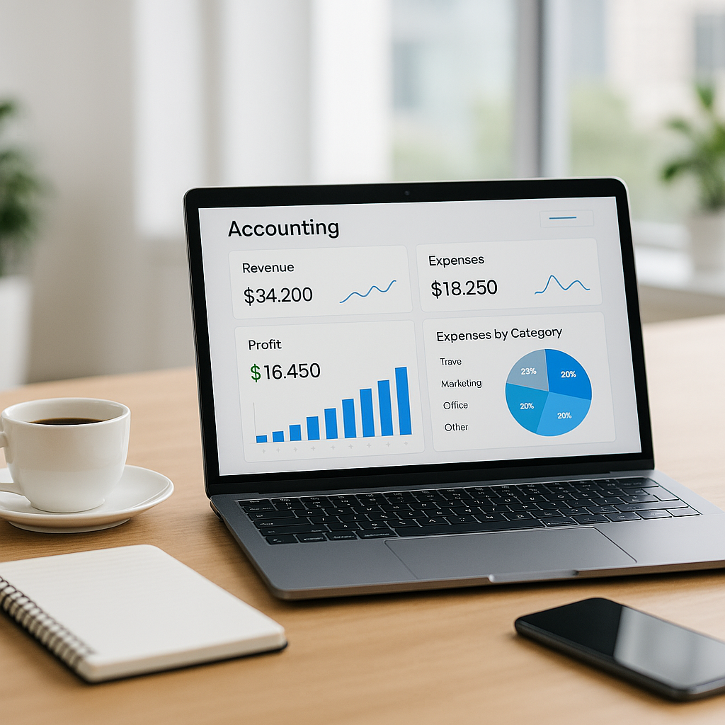 Modern laptop showing cloud accounting software dashboard with Canadian tax documents