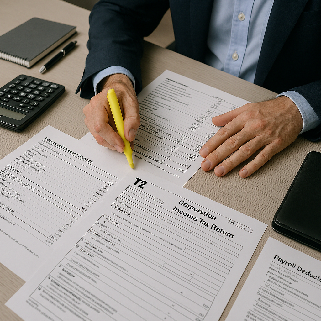 Professional accountant reviewing financial compliance checklist with Canadian business documents